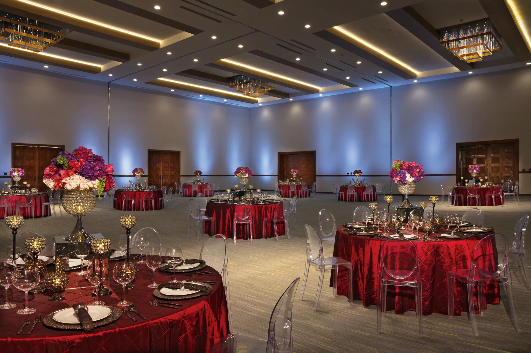 Elegant ballroom wedding reception setup at Secrets Puerto Los Cabos
