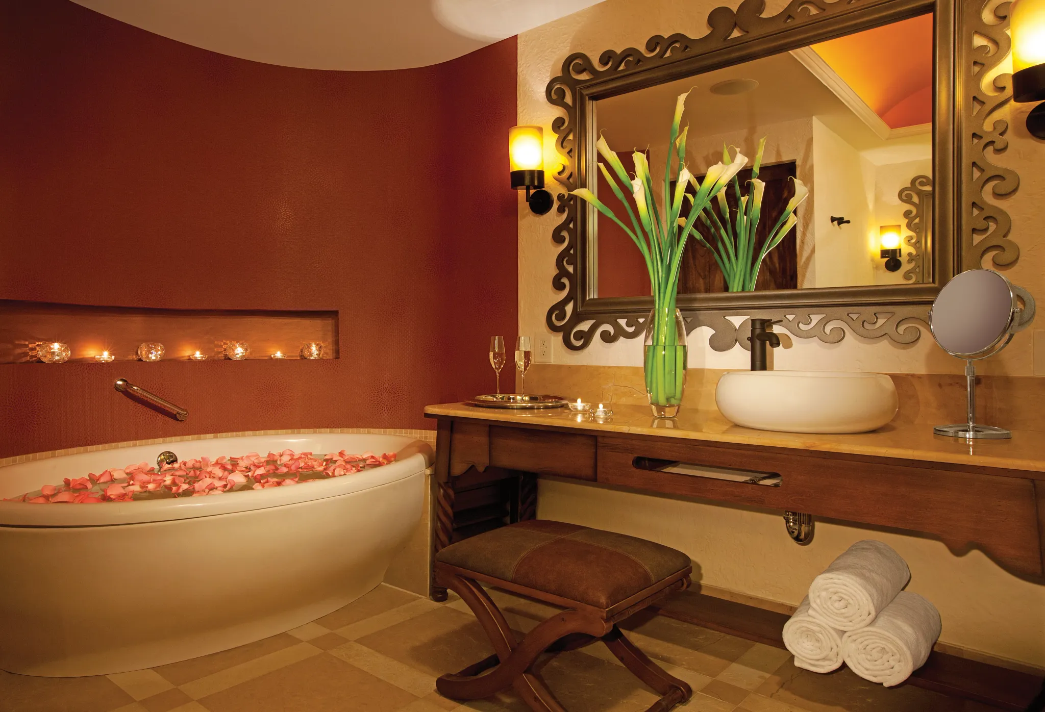 Junior Suite Swim Out Garden View bathroom with soaking tub and double vanity at Secrets Puerto Los Cabos Resort.