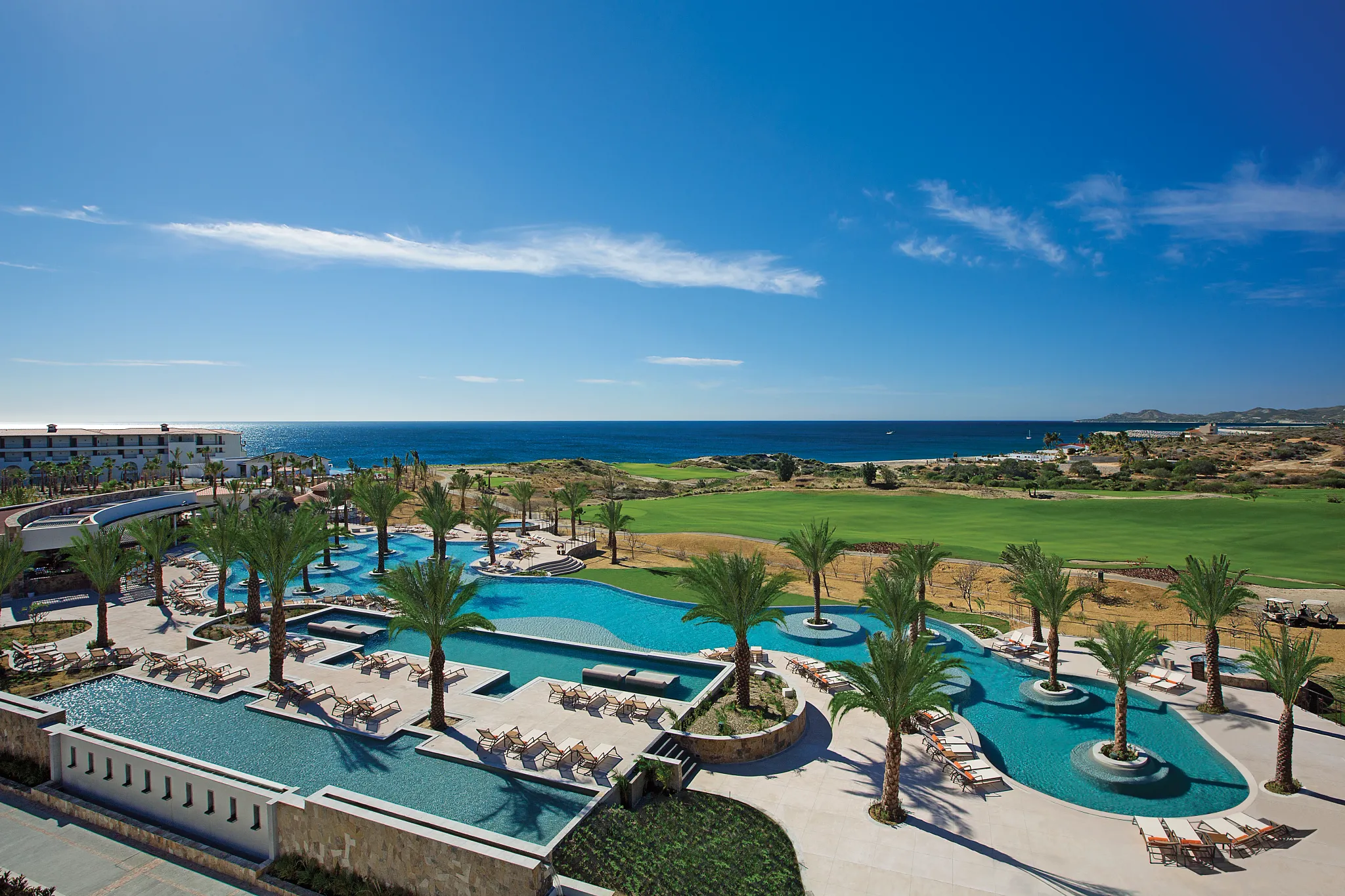Large resort pool with palm trees and lounge chairs at Secrets Puerto Los Cabos Golf & Spa Resort.