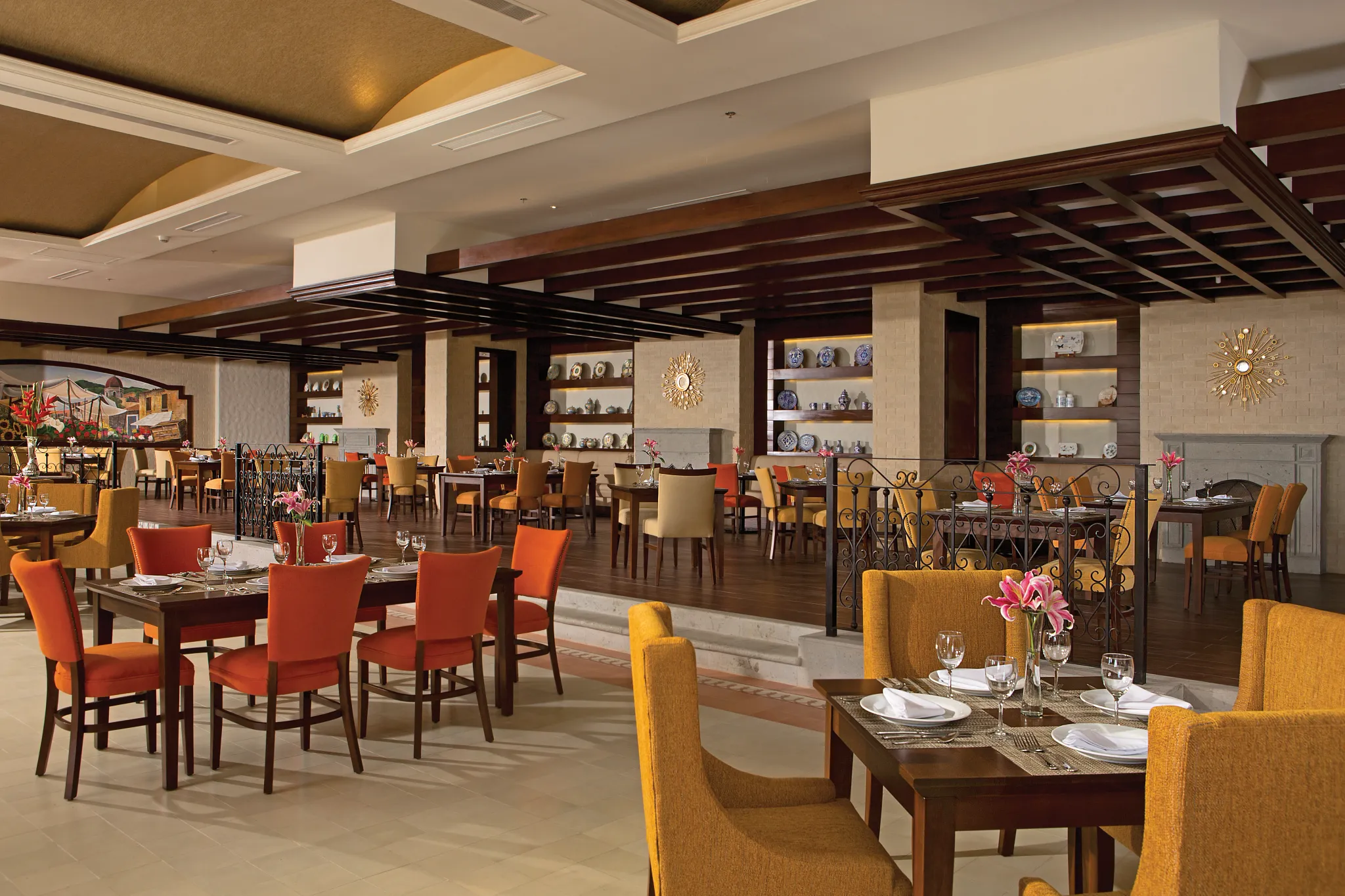 Market Café at Secrets Puerto Los Cabos featuring an international buffet, live cooking stations, and bright open dining space.