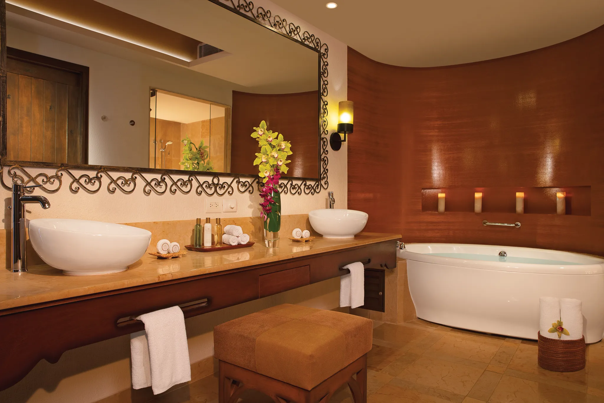 Master Suite Ocean View double vanity bathroom with tub at Secrets Puerto Los Cabos.
