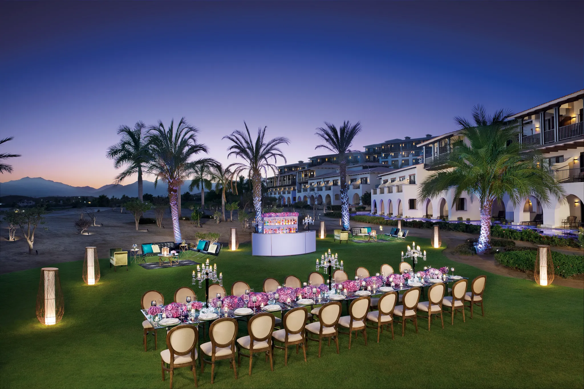 West Garden outdoor wedding reception setup at Secrets Puerto Los Cabos